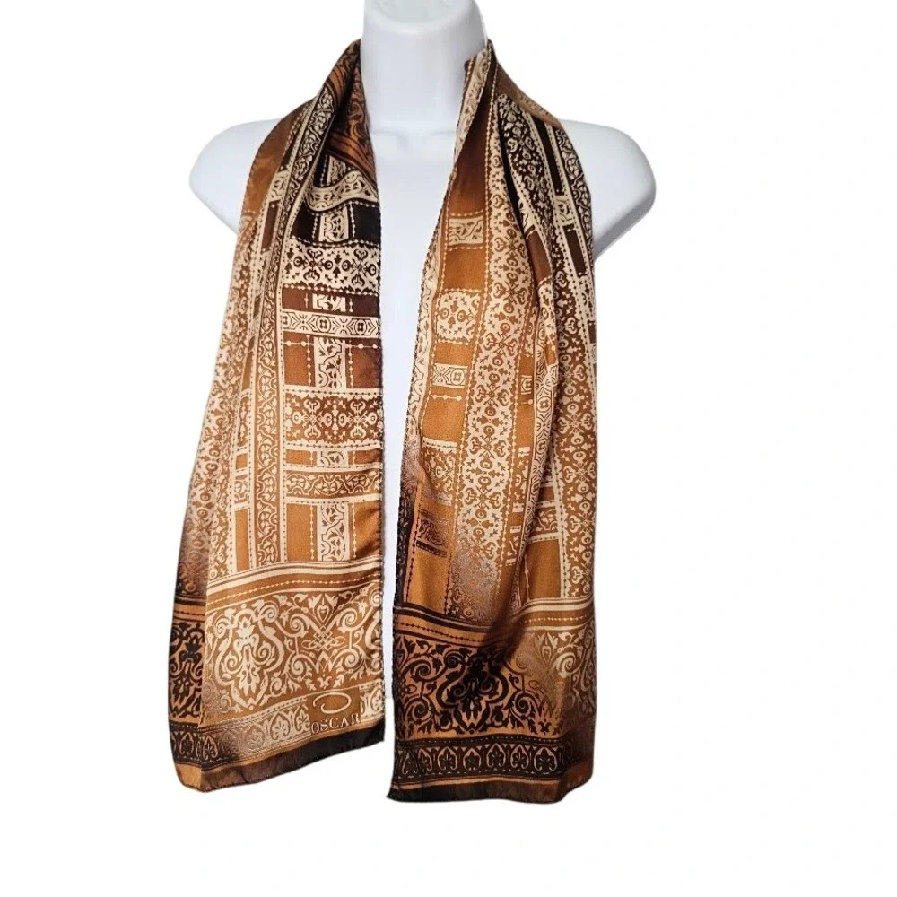VTG 70s Oscar de la Renta Silk Paisley Damask  079 Scarf OS Brown Gold Classic
